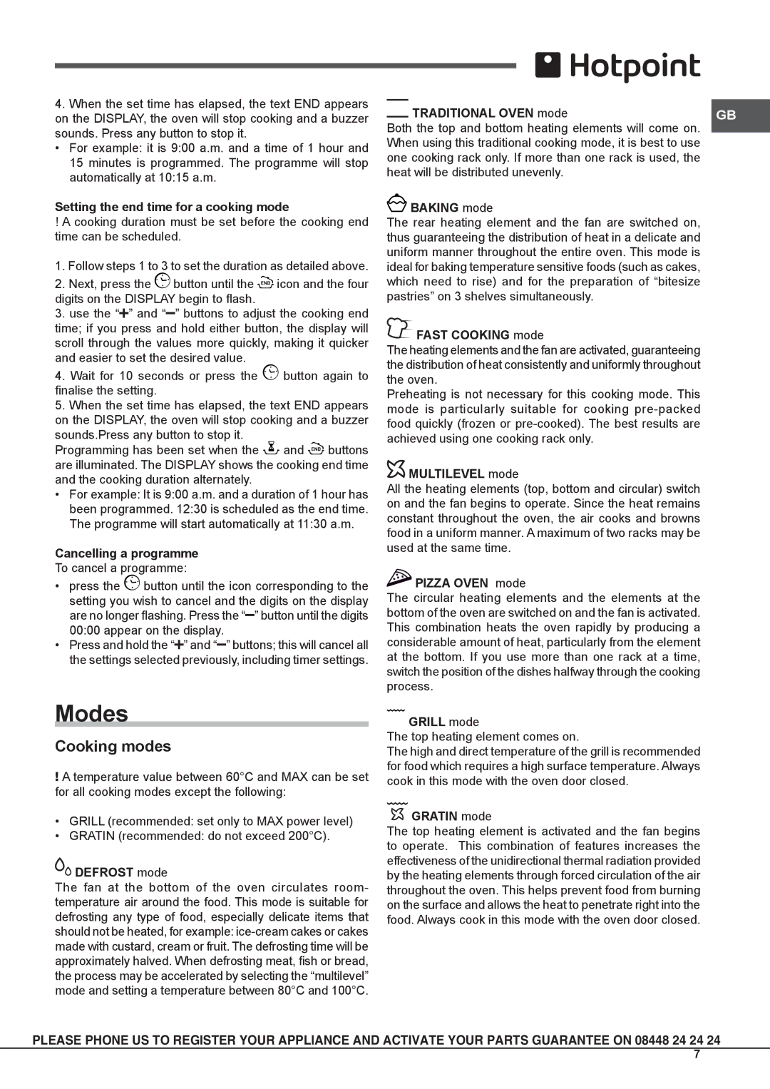 Hotpoint SCL 08 EB operating instructions Modes, Cooking modes 