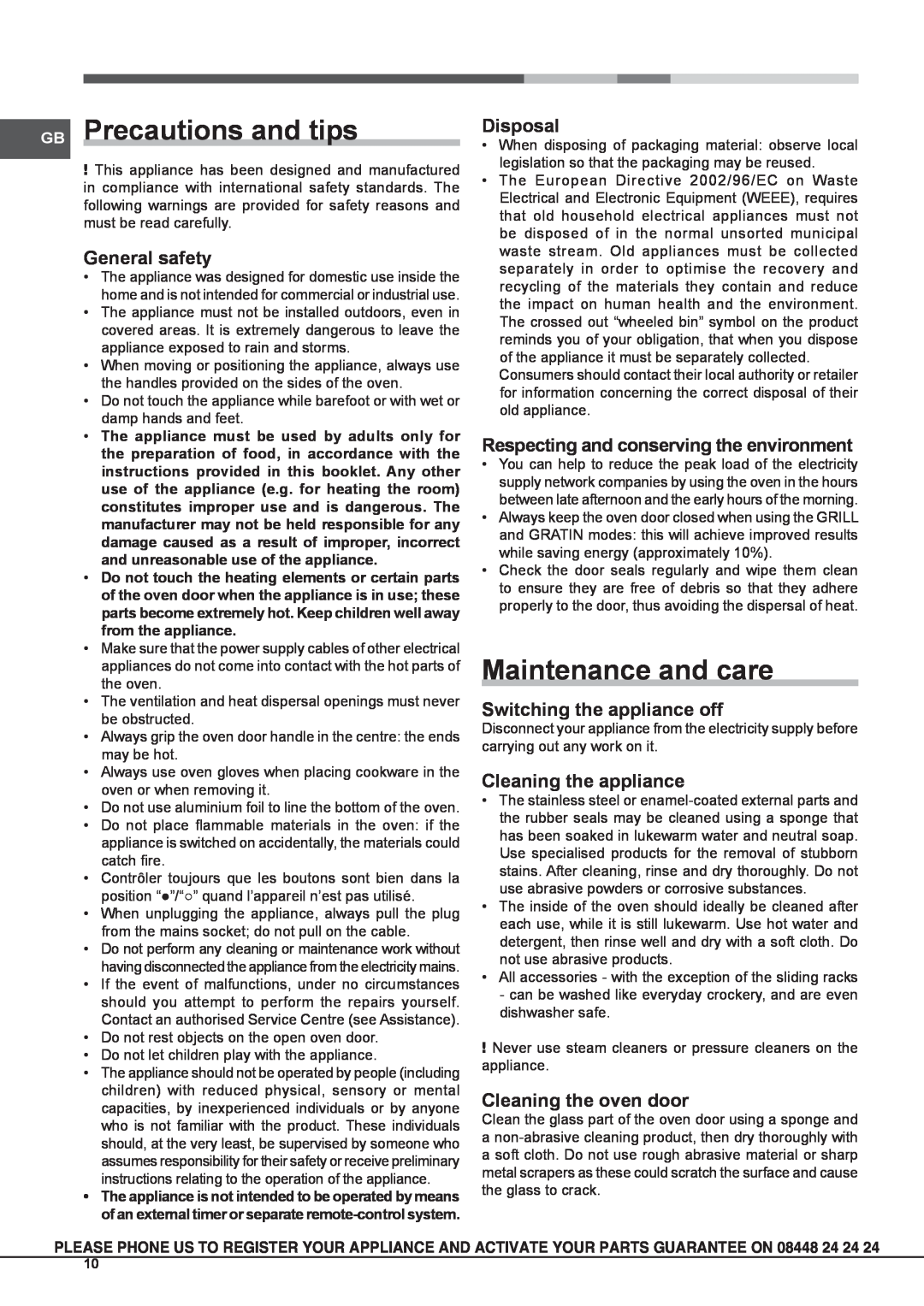 Hotpoint SCL 08 EB GB Precautions and tips, Maintenance and care, General safety, Disposal, Switching the appliance off 