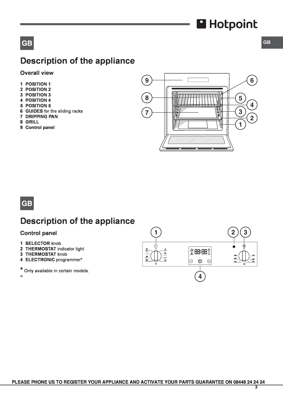 Hotpoint SCL 08 EB Description of the appliance, Overall view, DRIPPING PAN 8 GRILL 9 Control panel, SELECTOR knob 