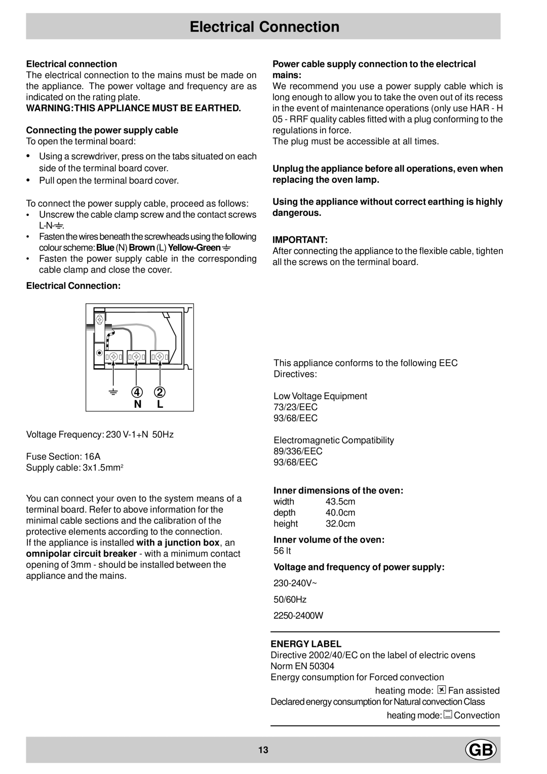 Hotpoint SD 52K - SD 52 manual Electrical Connection, N L 