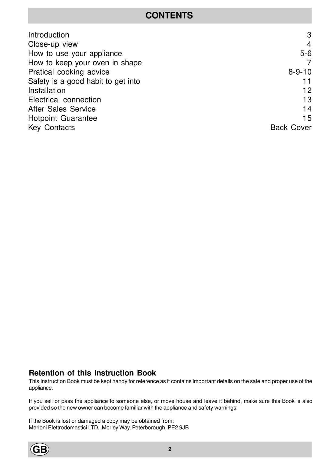 Hotpoint SD 52K - SD 52 manual Contents 