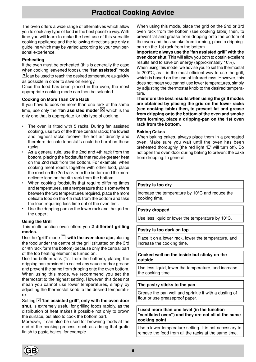 Hotpoint SD 52K - SD 52 manual Practical Cooking Advice 