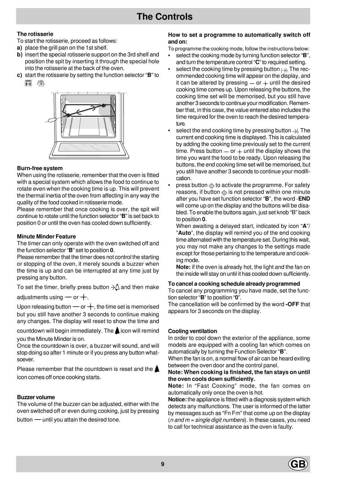 Hotpoint SD97 manual Rotisserie, Burn-free system, Minute Minder Feature, Buzzer volume, Cooling ventilation 