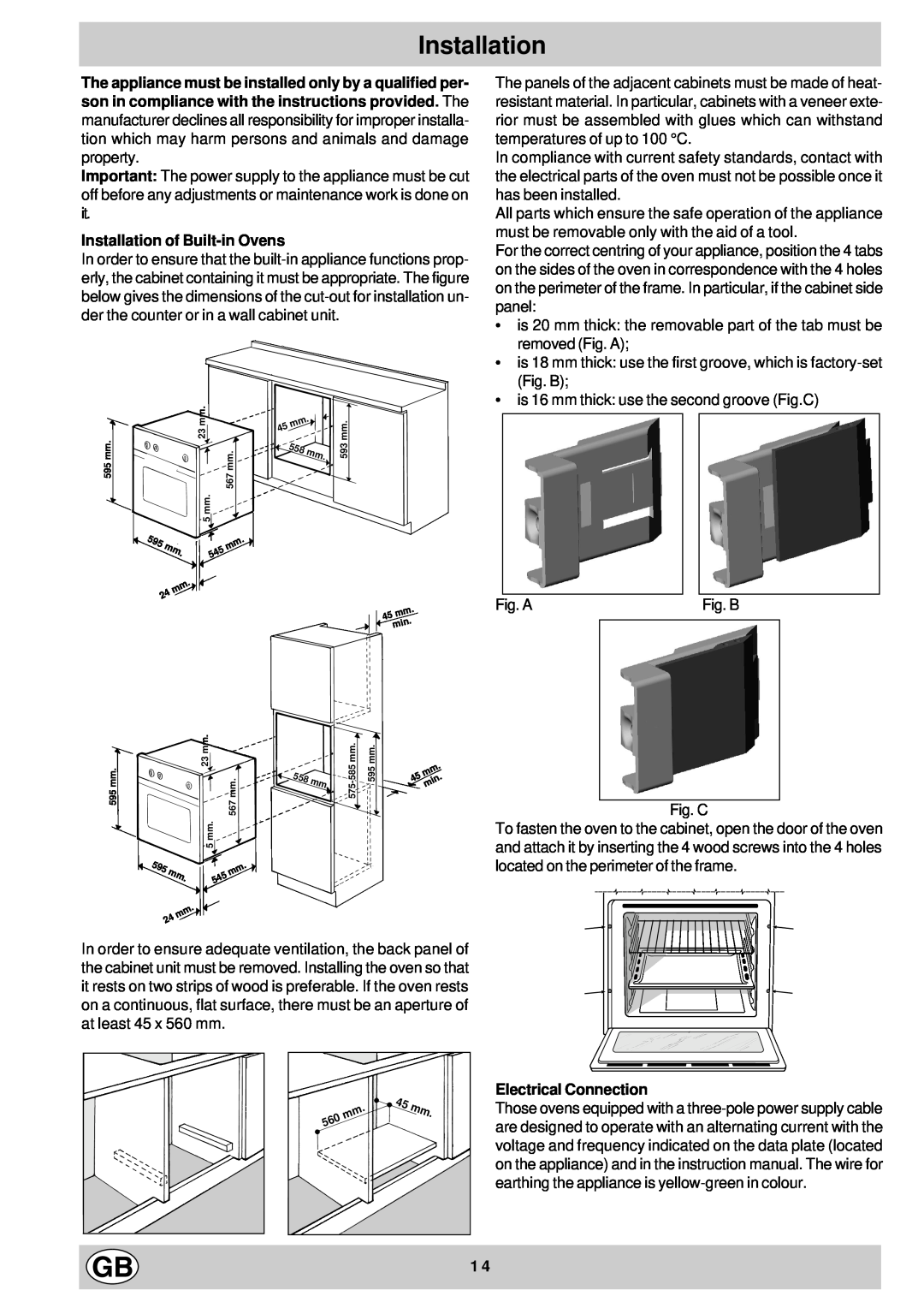 Hotpoint SD97 manual Installation of Built-inOvens, Electrical Connection 