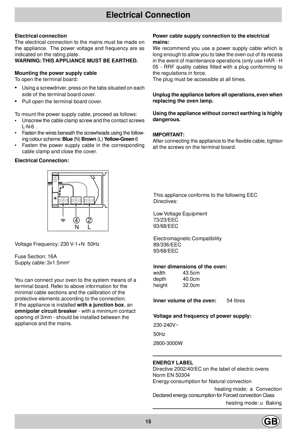 Hotpoint SD97E manual Electrical Connection, N L, Electrical connection, Mounting the power supply cable 