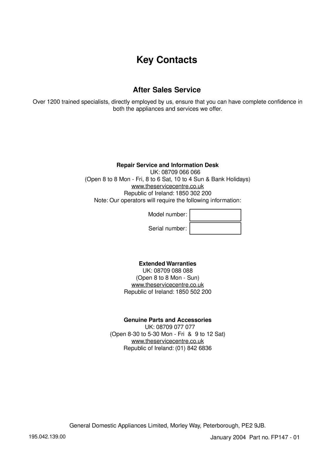 Hotpoint SD97E manual Key Contacts, Repair Service and Information Desk, Genuine Parts and Accessories 