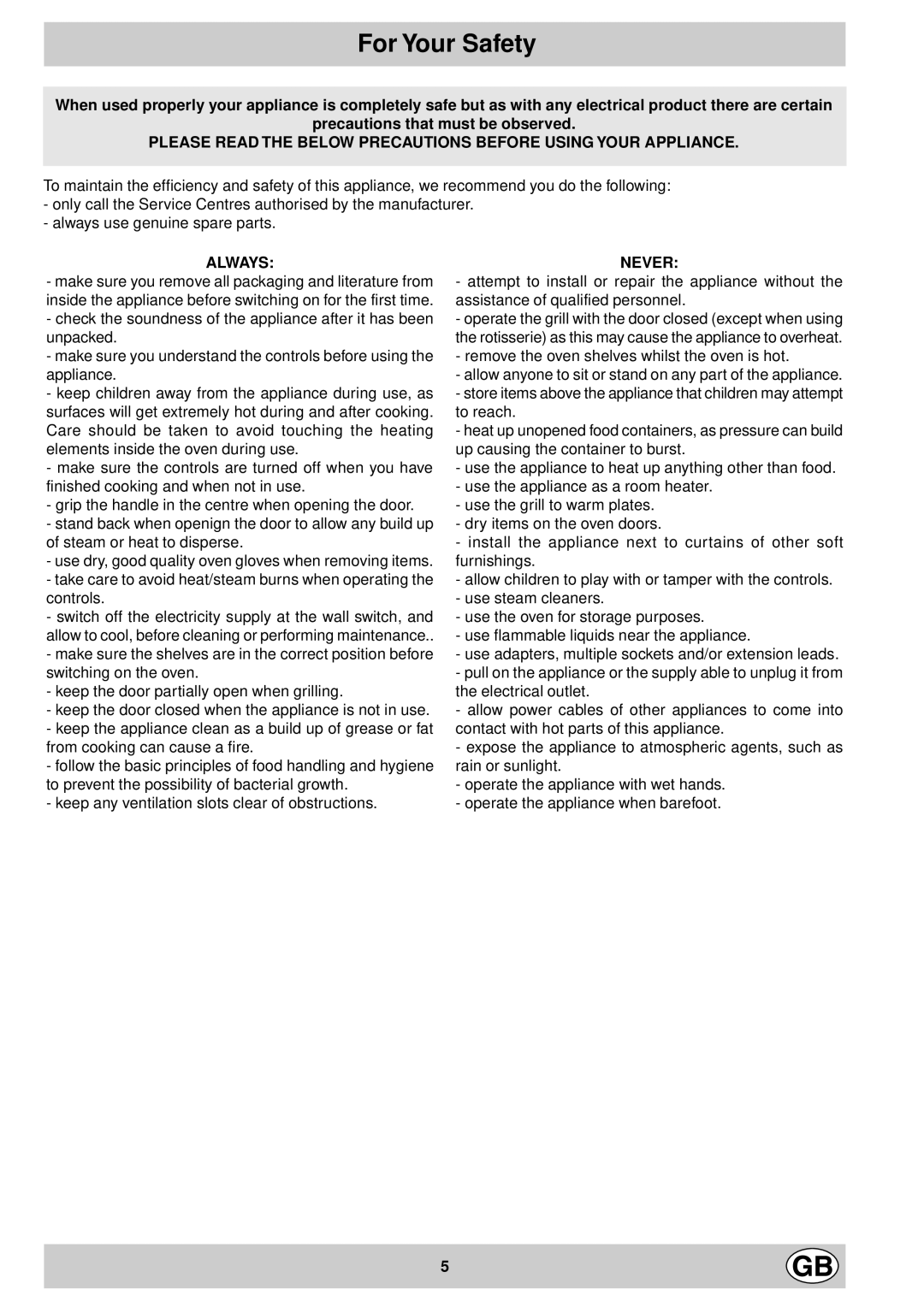 Hotpoint SD97E manual For Your Safety, Always 