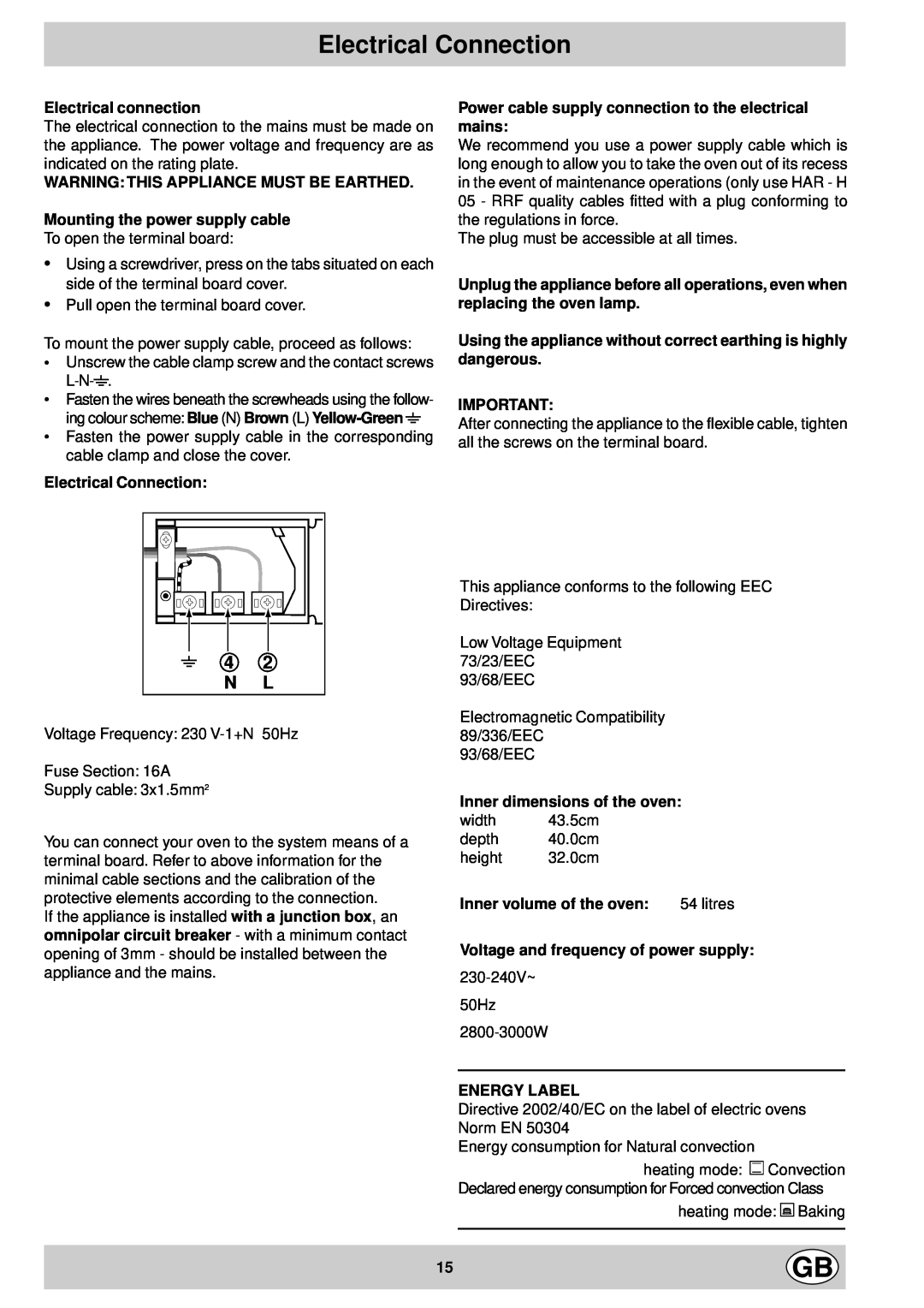 Hotpoint SD97E manual Electrical Connection, 4 2 N L, Electrical connection, Warning This Appliance Must Be Earthed, litres 