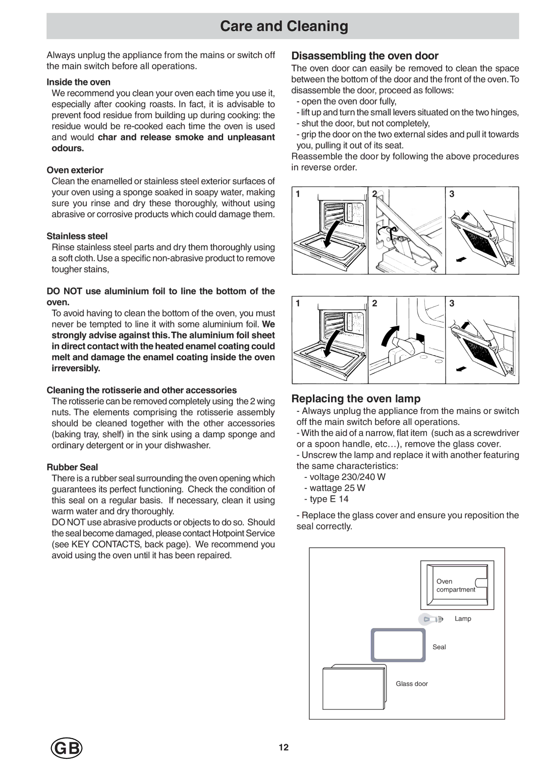 Hotpoint SD97PC, SD97PI manual Care and Cleaning, Disassembling the oven door, Replacing the oven lamp 