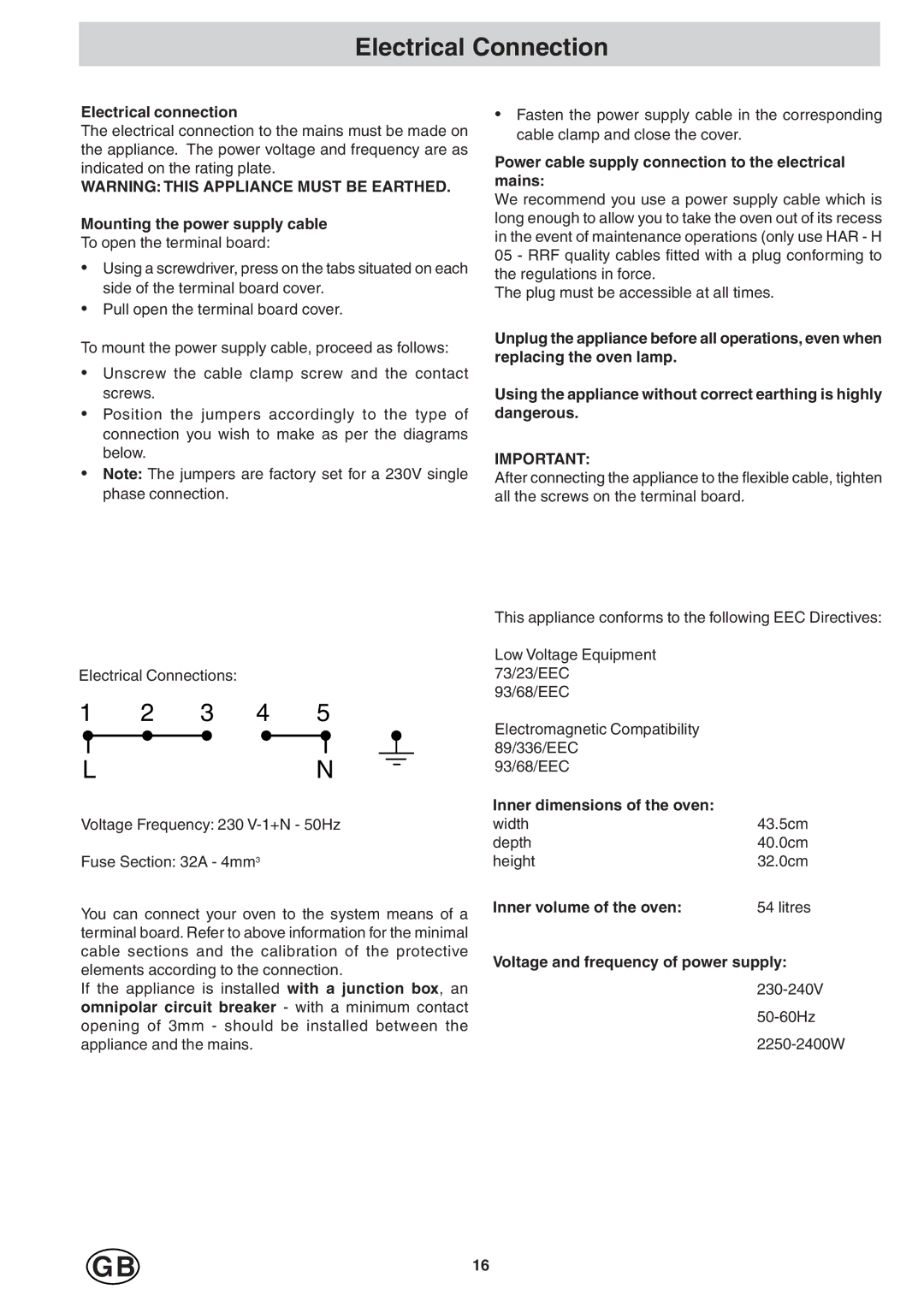 Hotpoint SD97PC, SD97PI manual Electrical Connection 