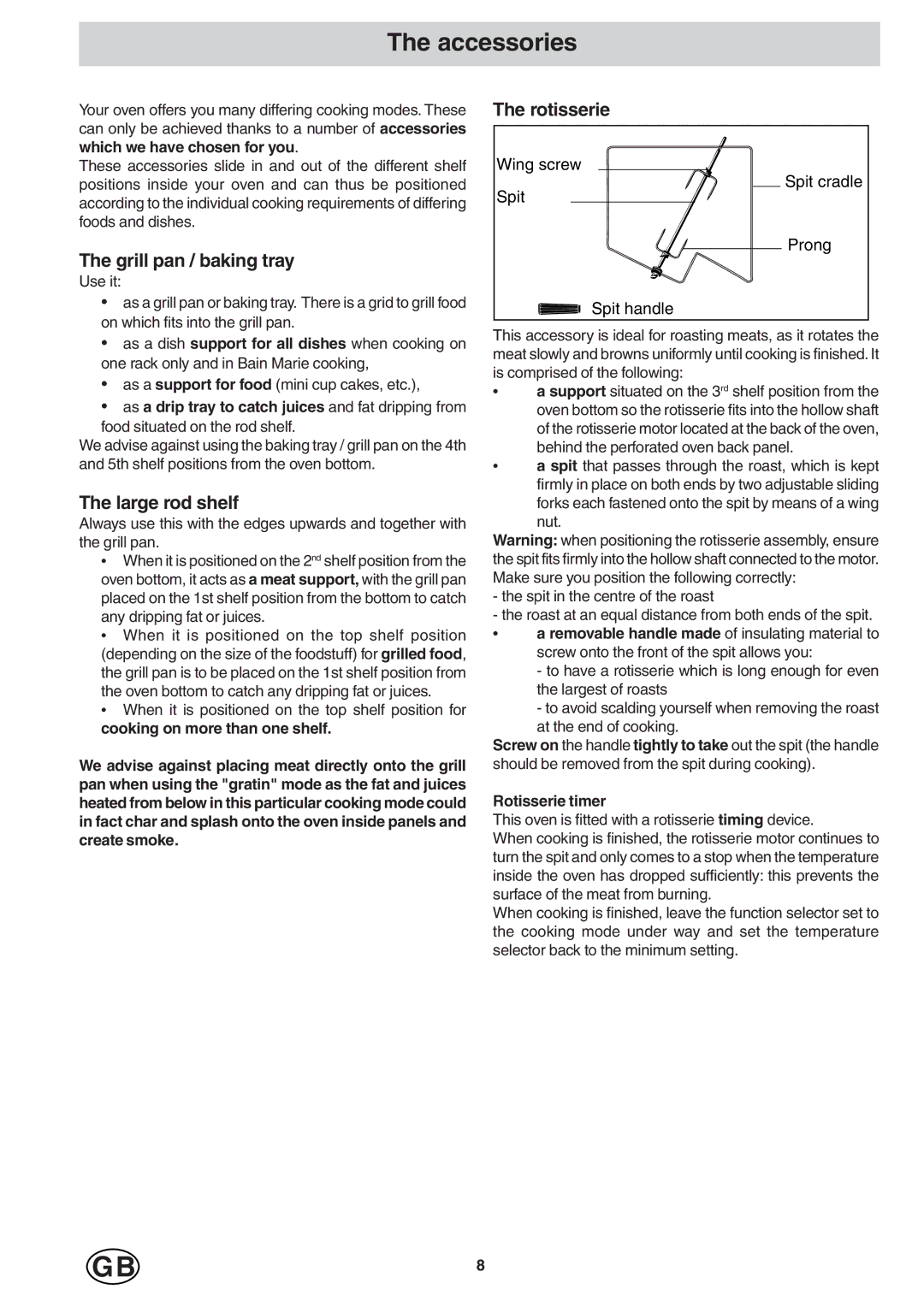 Hotpoint SD97PC, SD97PI manual Accessories, Grill pan / baking tray, Large rod shelf, Rotisserie timer 