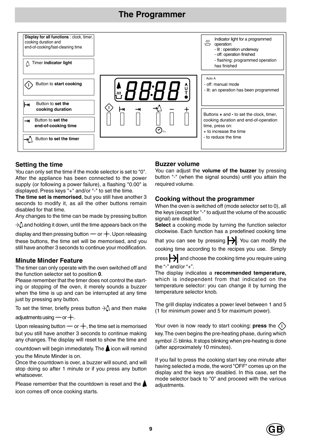 Hotpoint SD97PI, SD97PC Programmer, Setting the time, Minute Minder Feature, Buzzer volume, Cooking without the programmer 