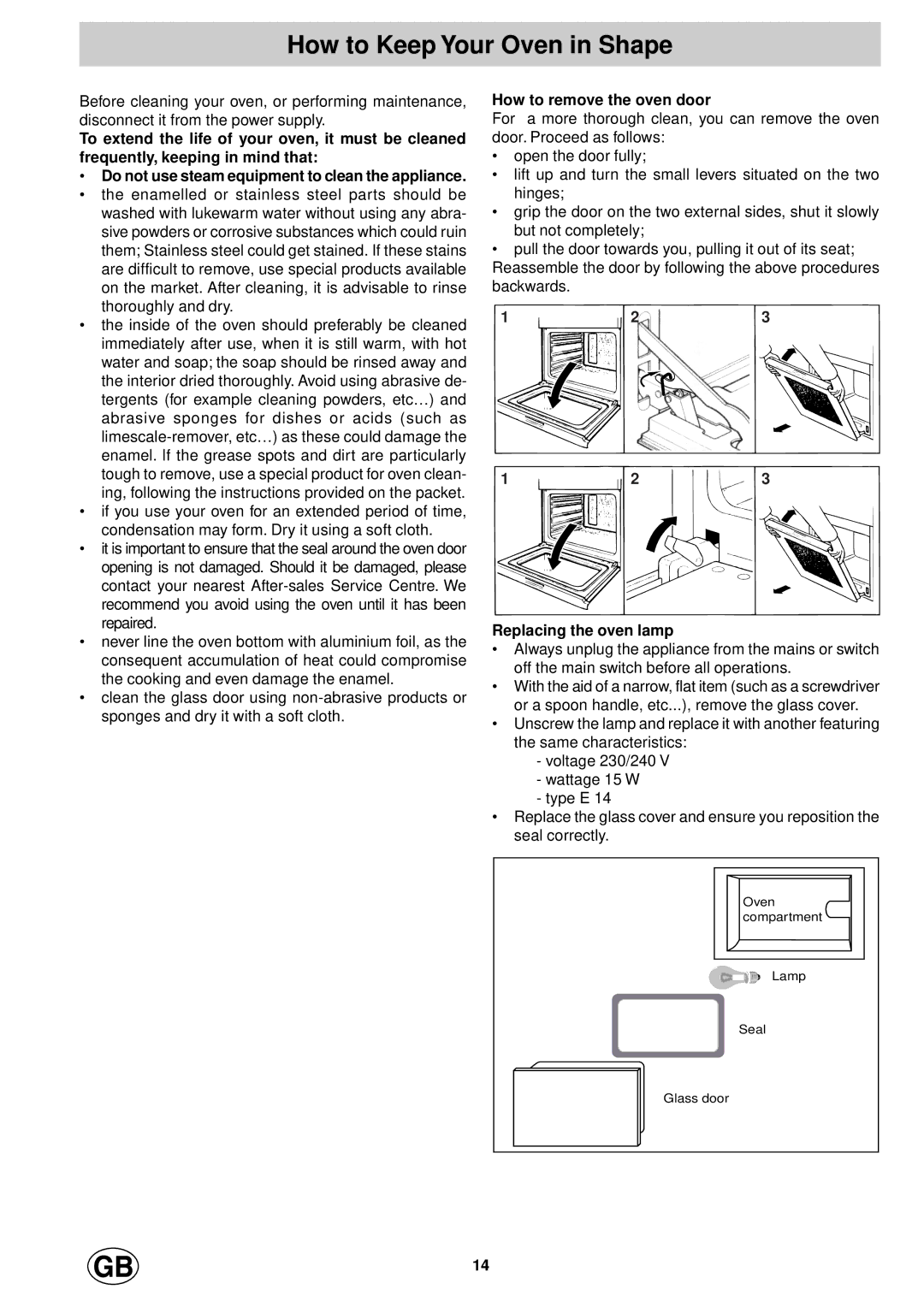 Hotpoint SD97PEH, SD97PEI manual How to Keep Your Oven in Shape, How to remove the oven door, Replacing the oven lamp 