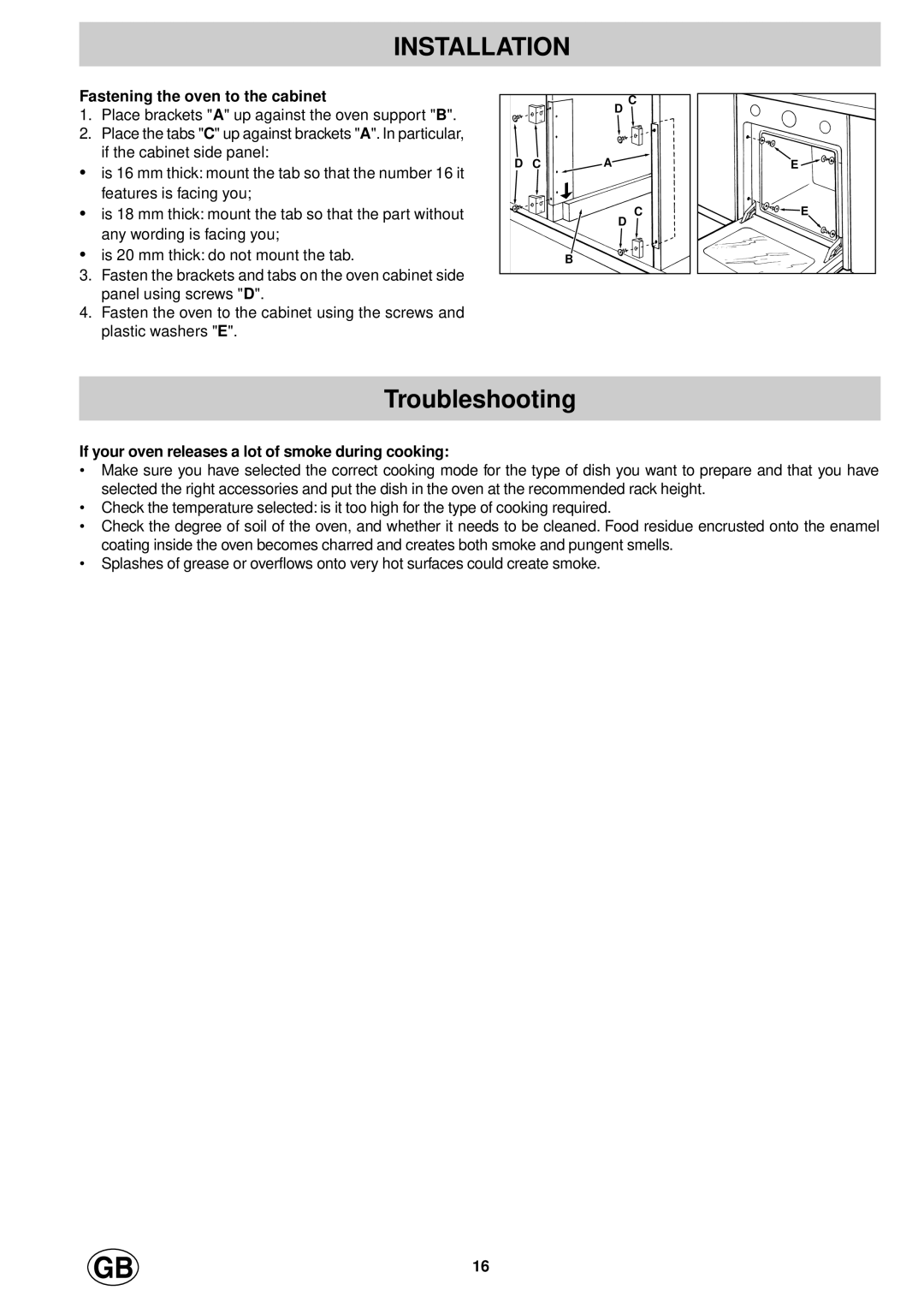 Hotpoint SD97PEH Troubleshooting, Fastening the oven to the cabinet, If your oven releases a lot of smoke during cooking 