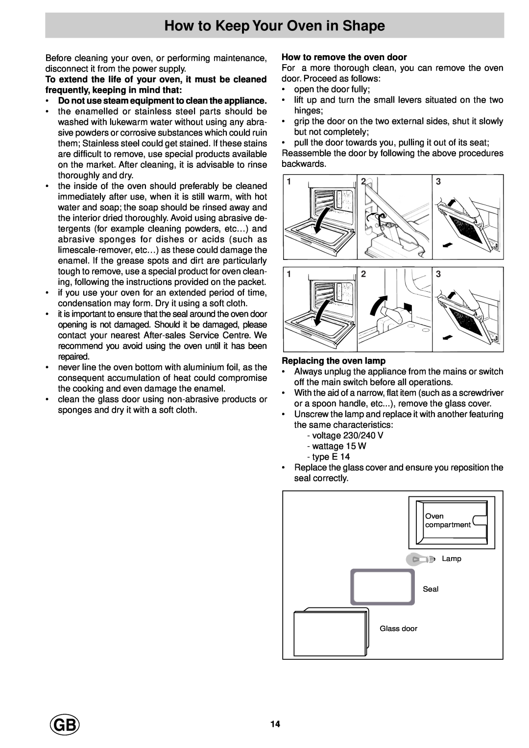 Hotpoint SD97PEH, SD97PEI manual How to Keep Your Oven in Shape, Do not use steam equipment to clean the appliance 