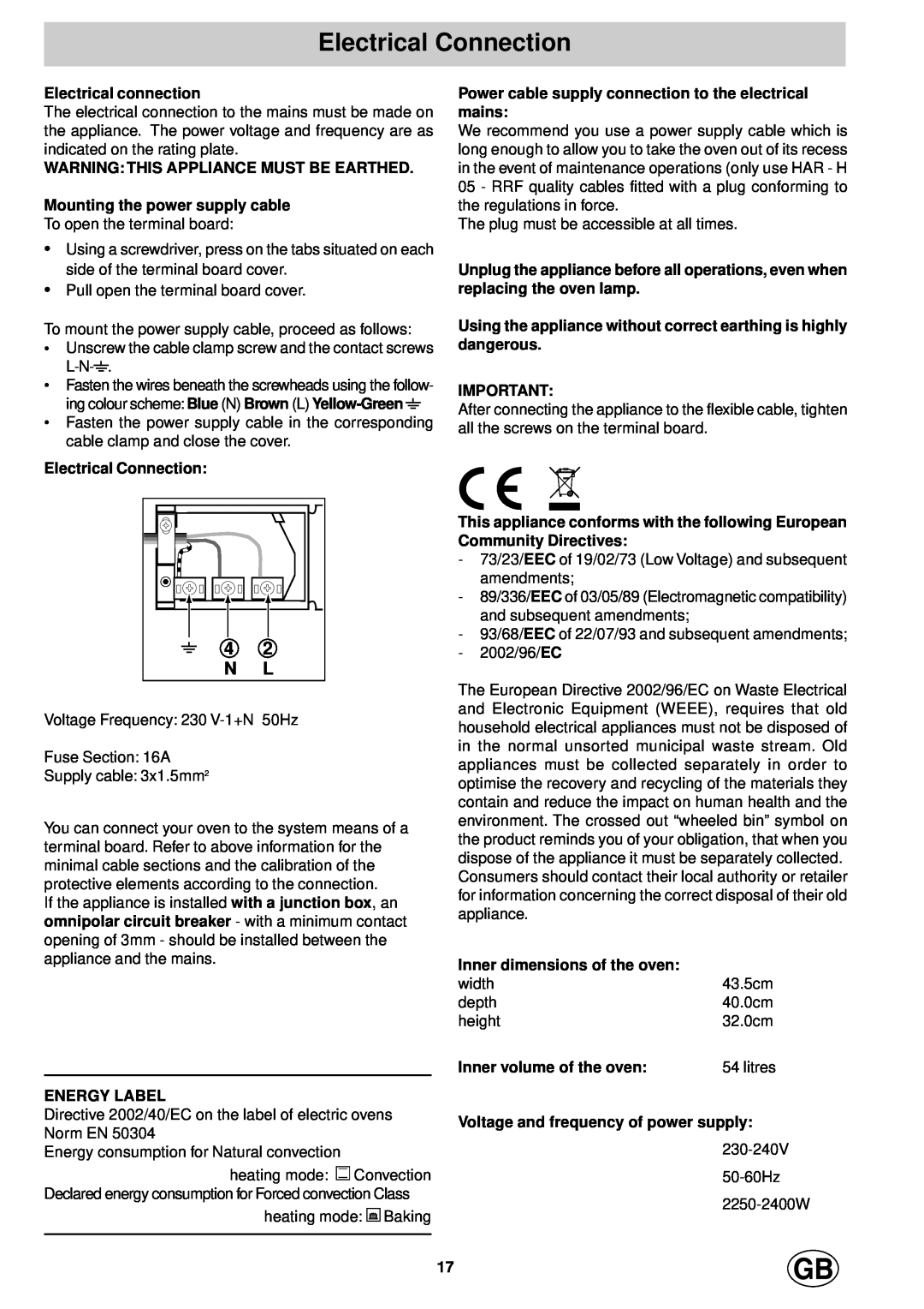 Hotpoint SD97PEI Electrical Connection, 4 2 N L, Electrical connection, Warning This Appliance Must Be Earthed, litres 