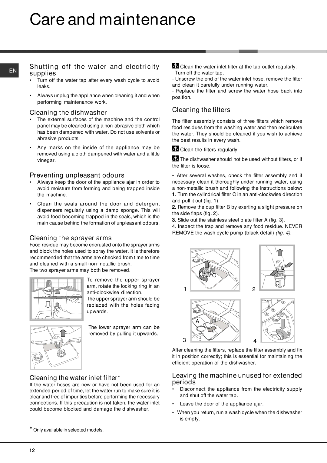 Hotpoint SDAL 1200 manual Care and maintenance 