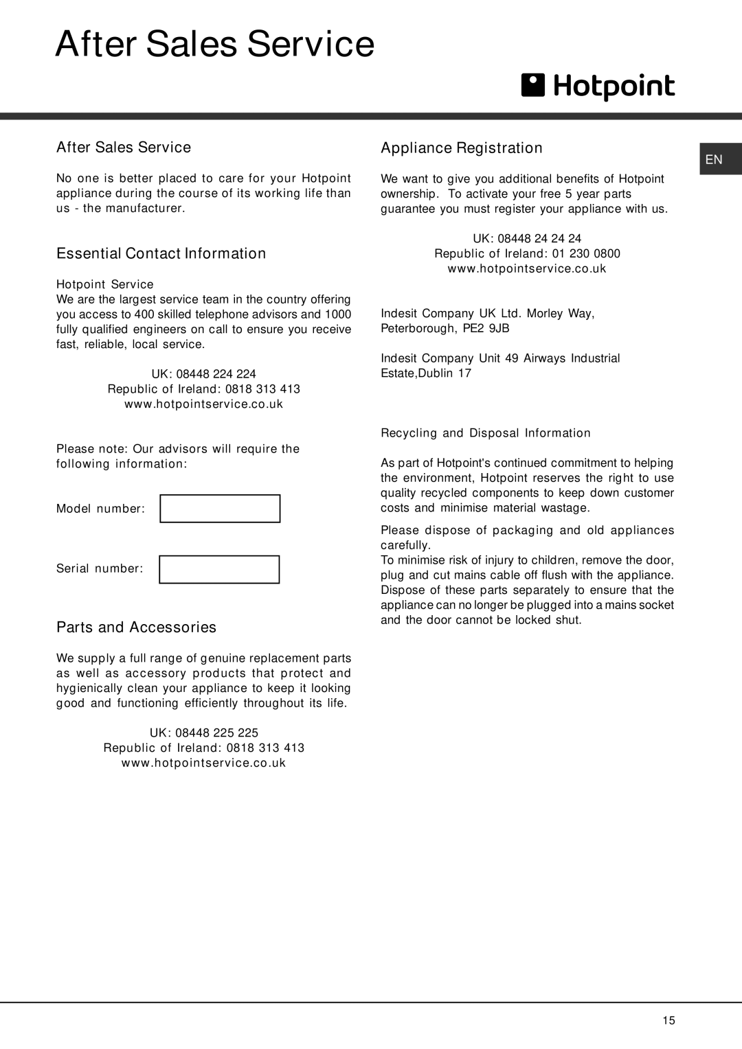 Hotpoint SDAL 1200 manual After Sales Service, Essential Contact Information, Parts and Accessories, Appliance Registration 