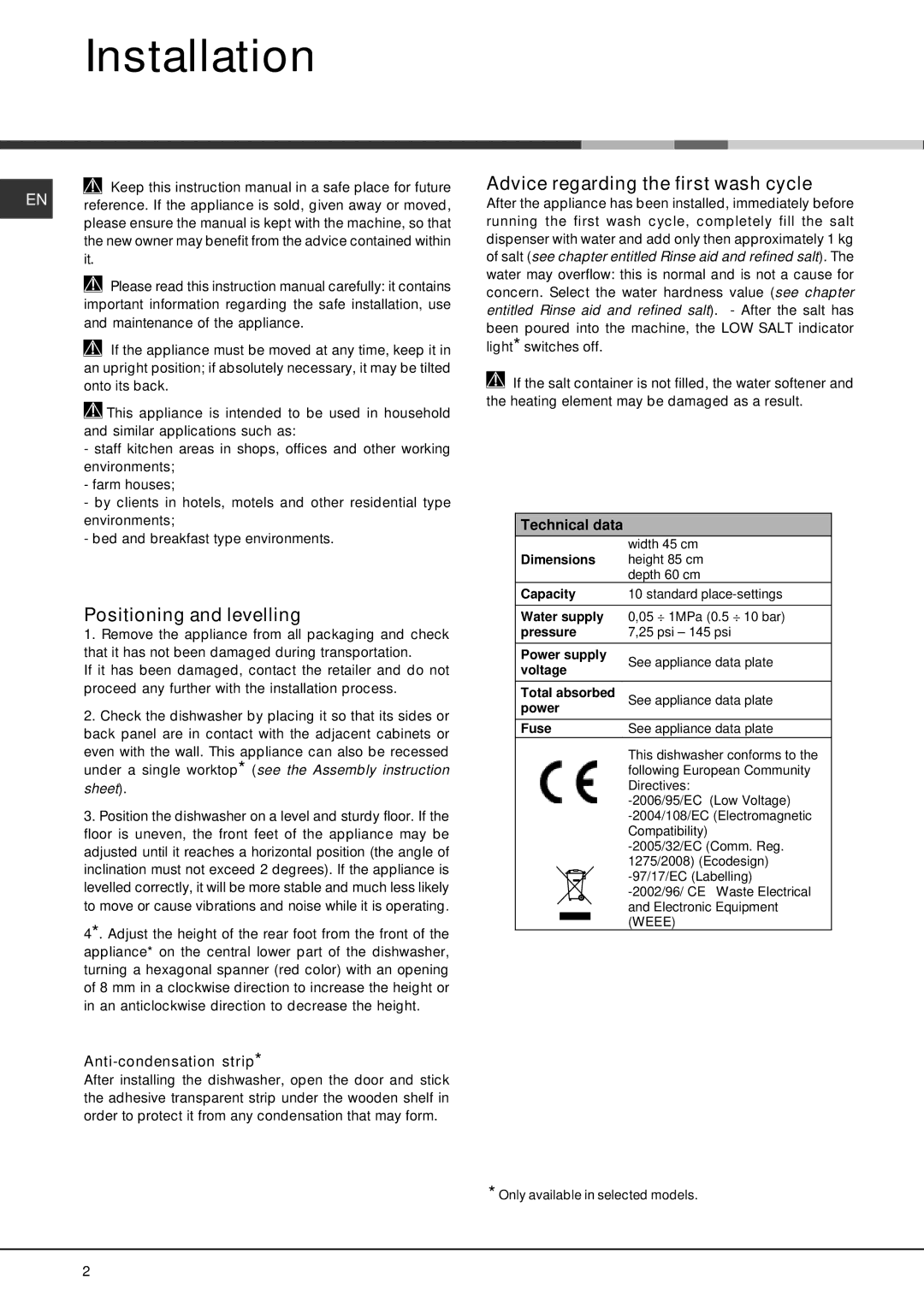 Hotpoint SDAL 1200 manual Installation, Positioning and levelling, Advice regarding the first wash cycle, Technical data 