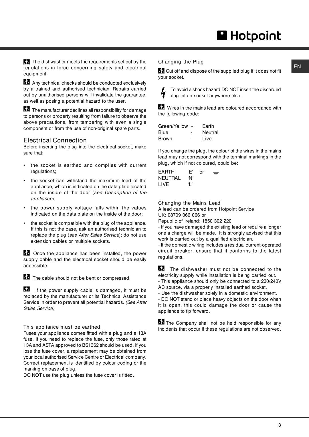 Hotpoint SDAL 1200 manual Electrical Connection, Changing the Plug, This appliance must be earthed, Changing the Mains Lead 
