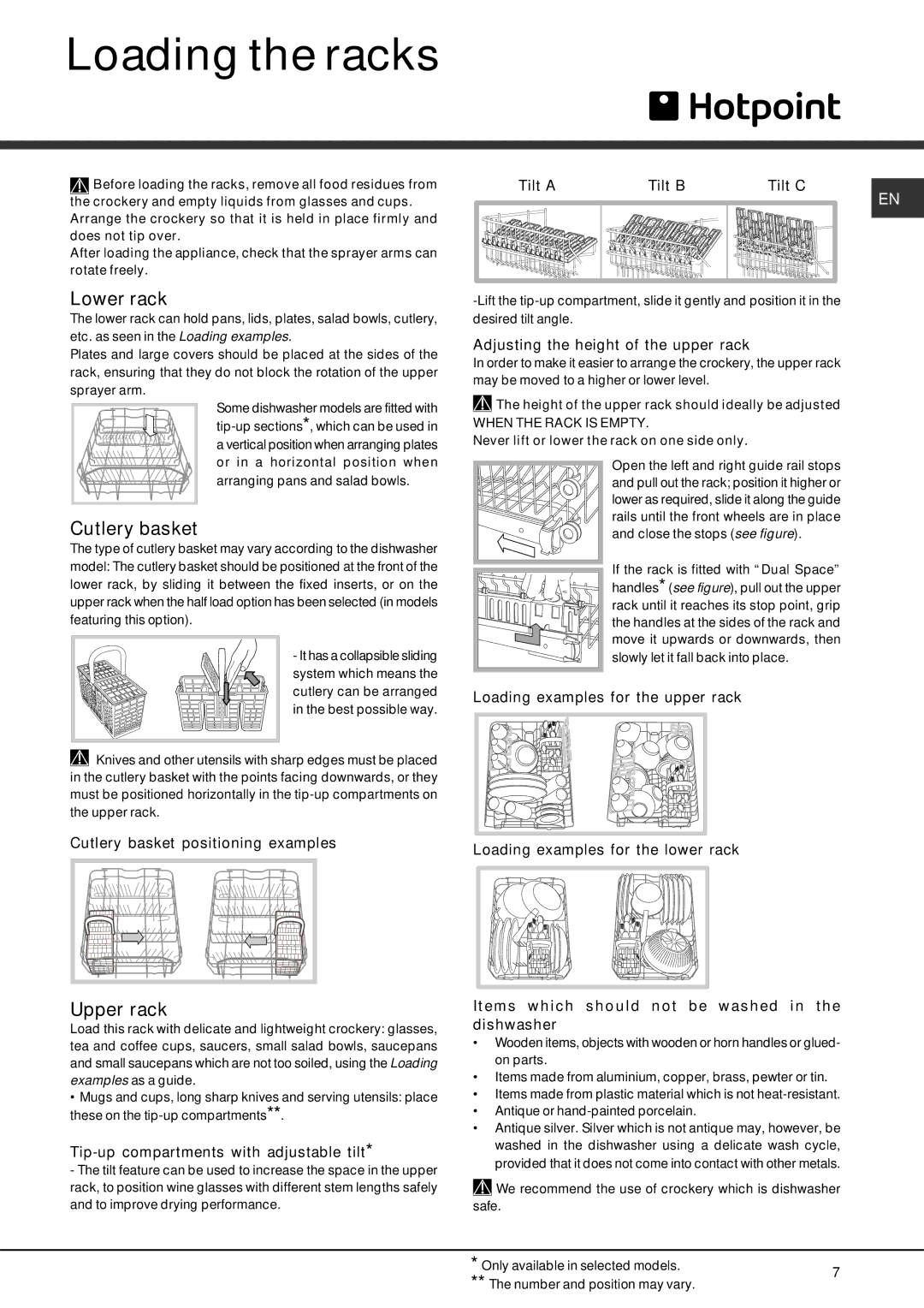 Hotpoint SDAL 1200 manual Loading the racks, Lower rack, Cutlery basket, Upper rack 