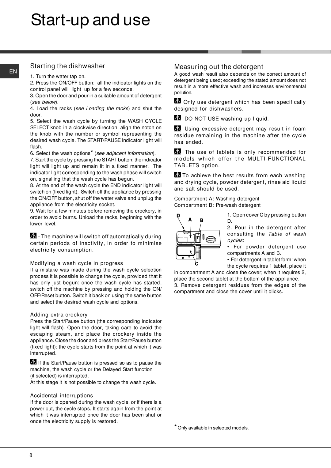 Hotpoint SDAL 1200 manual Start-up and use, Starting the dishwasher, Measuring out the detergent, Adding extra crockery 