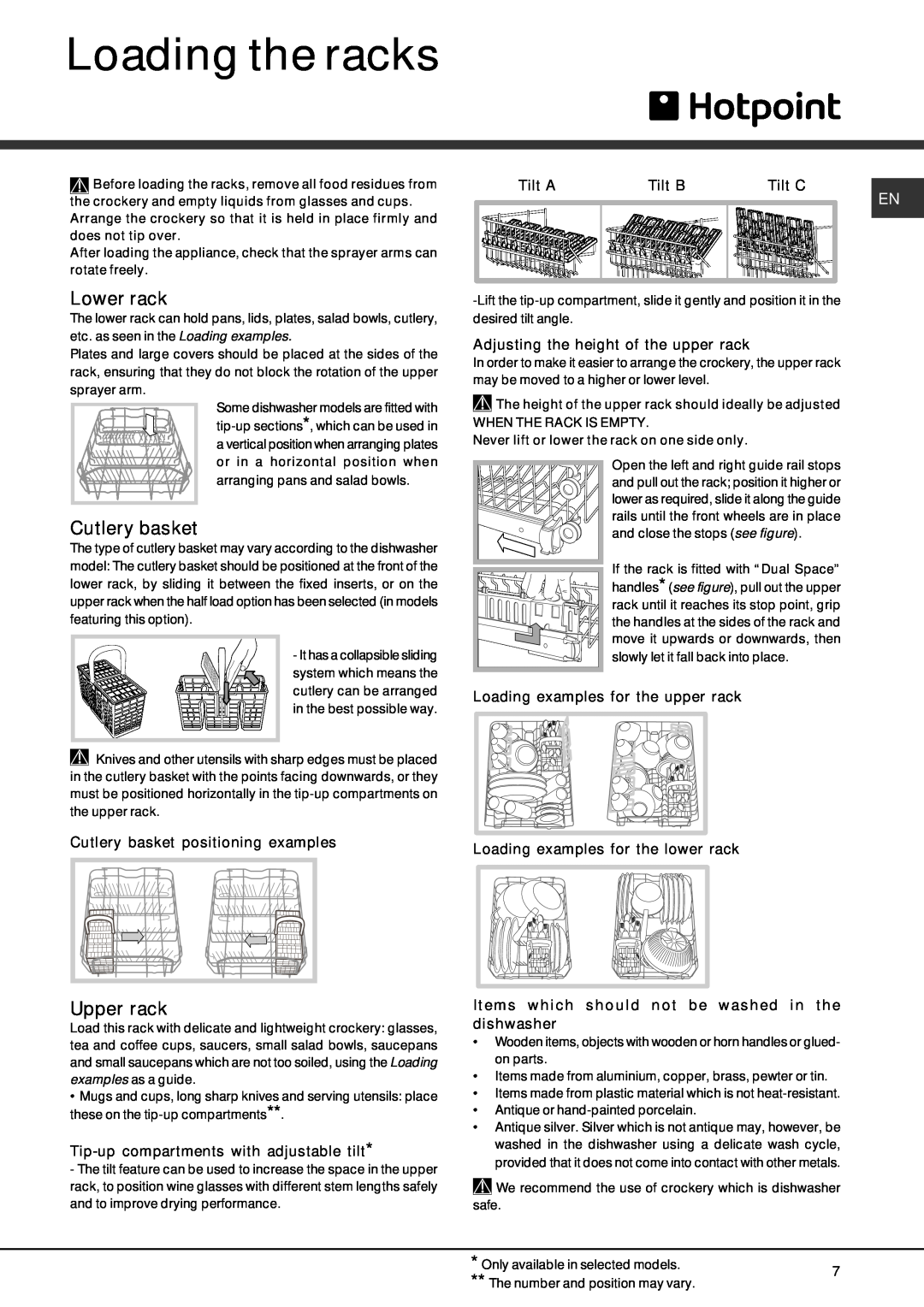 Hotpoint SDAL 1200 manual Loading the racks, Lower rack, Cutlery basket, Upper rack 
