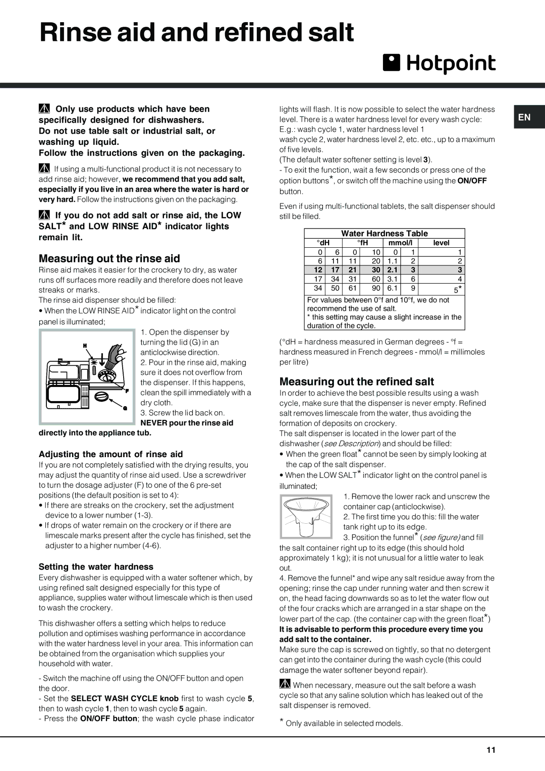 Hotpoint SDL 510 manual Rinse aid and refined salt, Measuring out the rinse aid, Measuring out the refined salt 