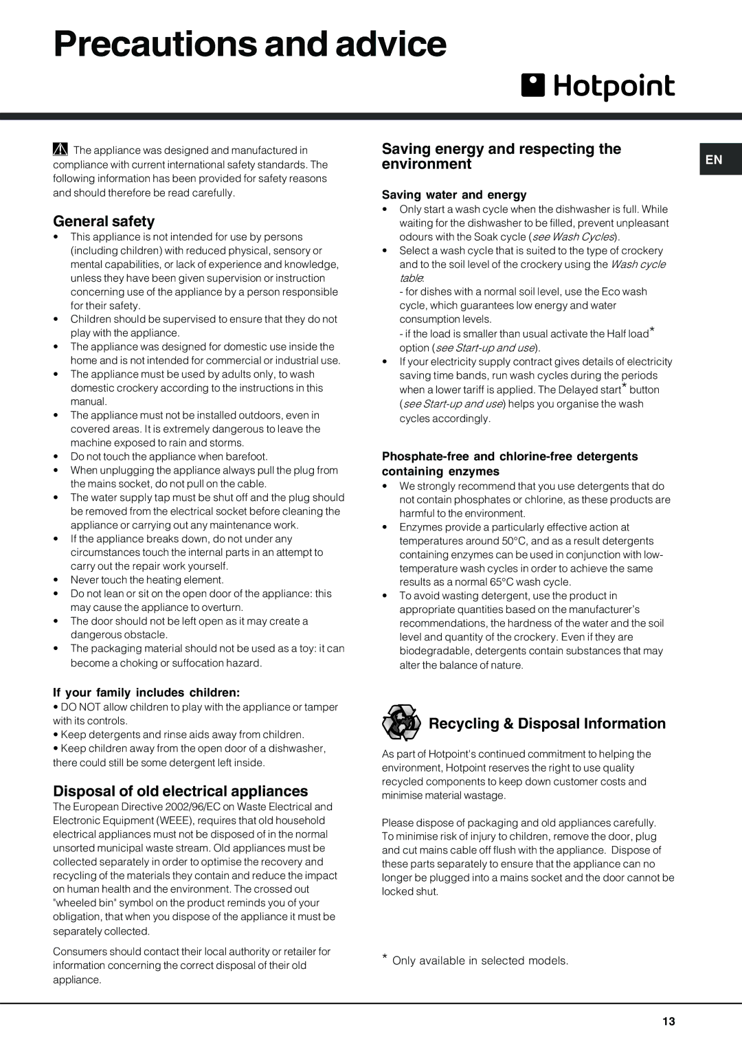 Hotpoint SDL 510 Precautions and advice, General safety, Saving energy and respecting, Recycling & Disposal Information 