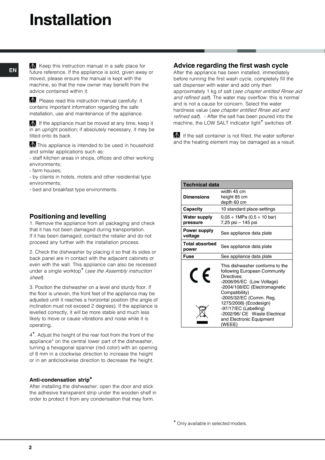 Hotpoint SDL 510 Installation, Positioning and levelling, Advice regarding the first wash cycle, Anti-condensation strip 