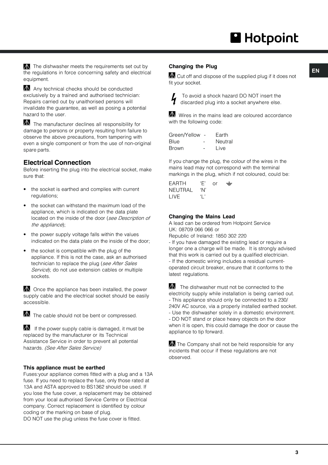 Hotpoint SDL 510 manual Electrical Connection 