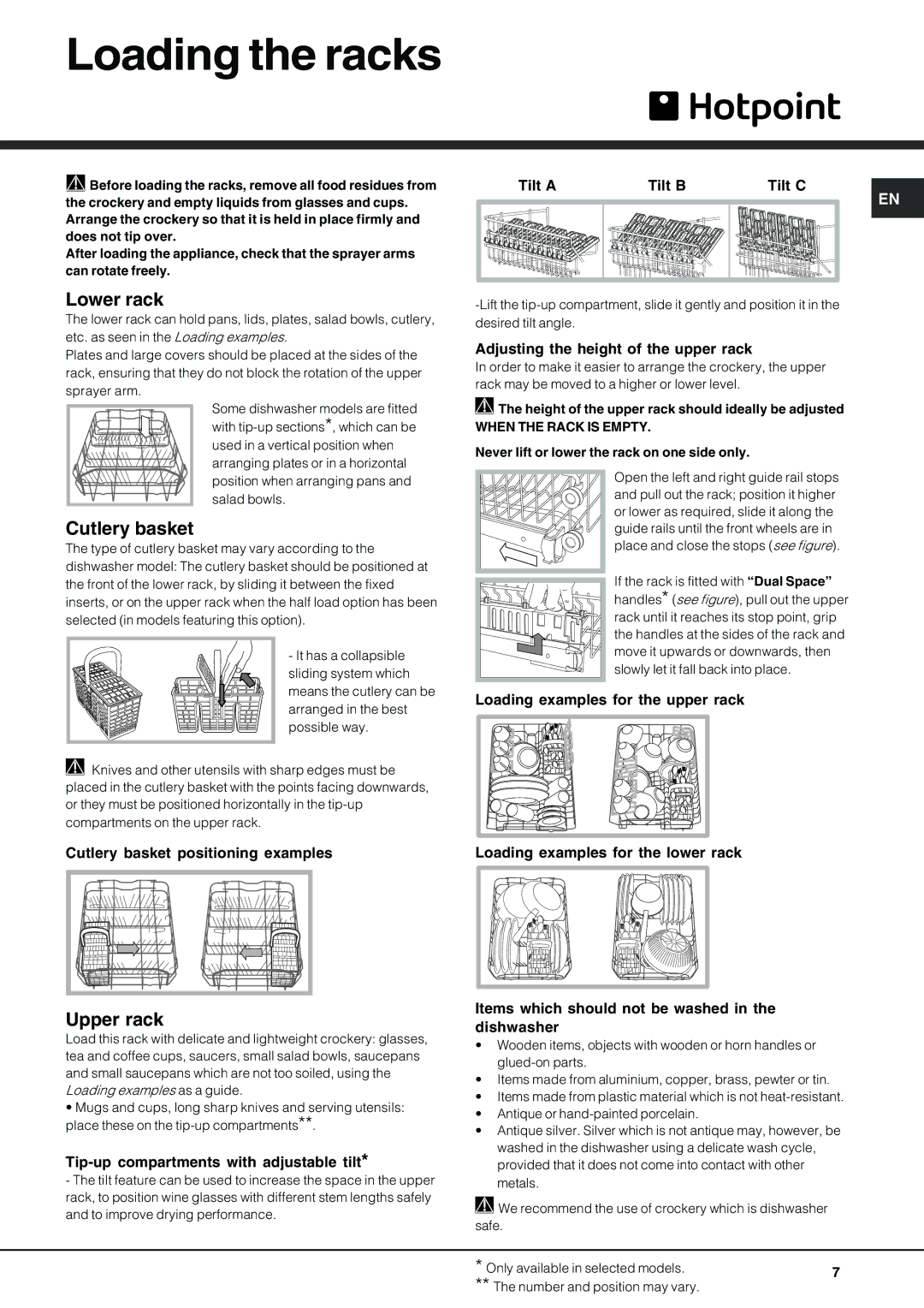 Hotpoint SDL 510 manual Loading the racks, Lower rack, Cutlery basket, Upper rack 