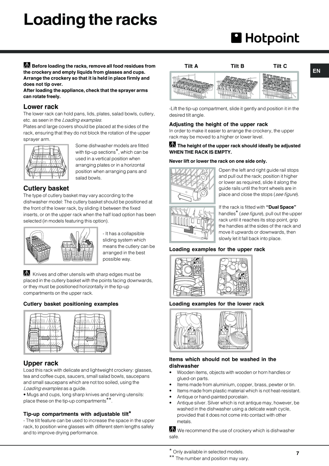 Hotpoint SDL 510 manual Loading the racks, Lower rack, Upper rack, Cutlery basket positioning examples, Tilt A, Tilt B 