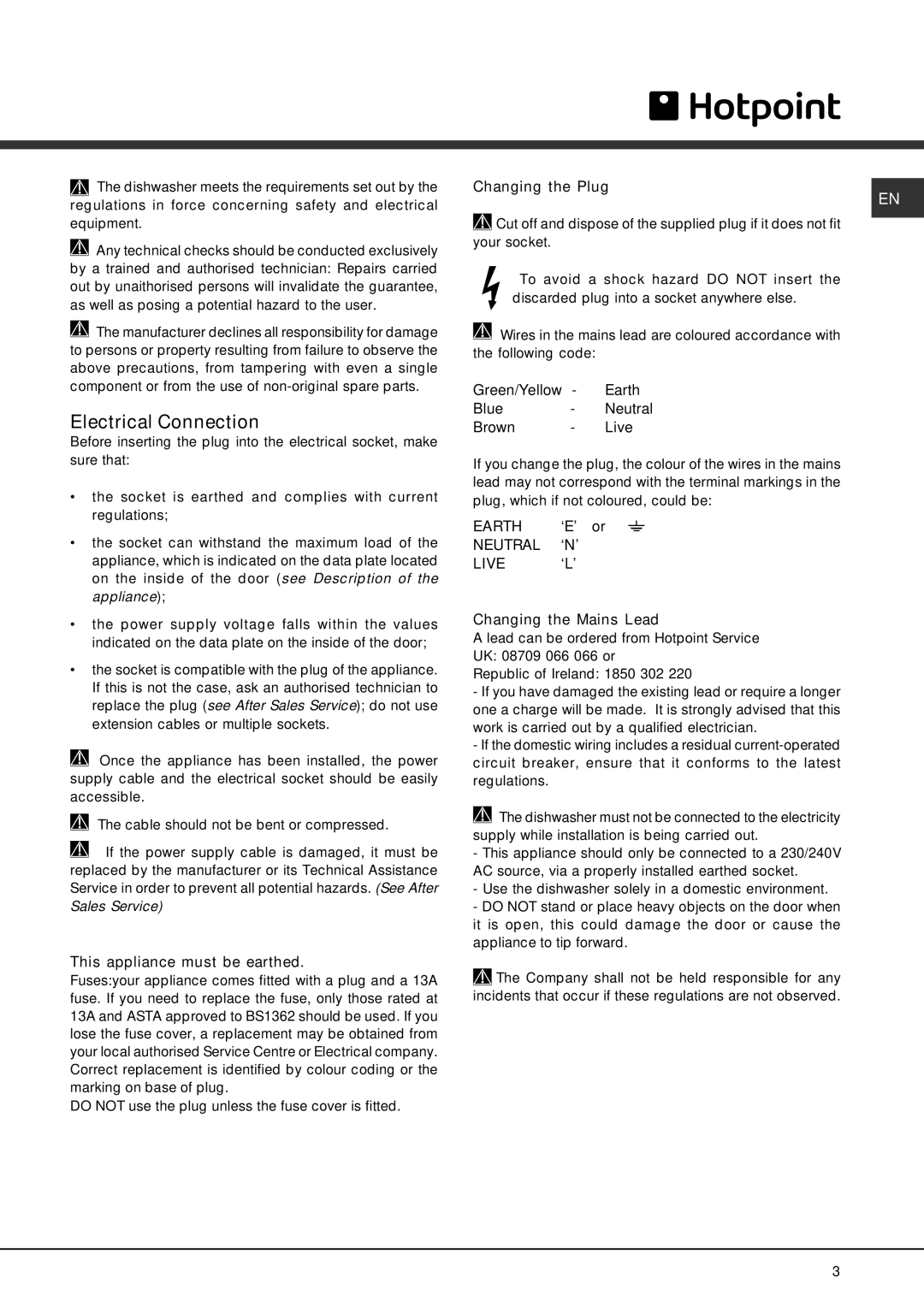 Hotpoint SDUD 1200 manual Electrical Connection, This appliance must be earthed, Changing the Plug, Changing the Mains Lead 