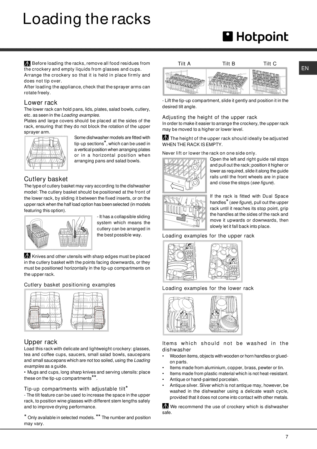 Hotpoint SDUD 1200 manual Loading the racks, Lower rack, Cutlery basket, Upper rack 