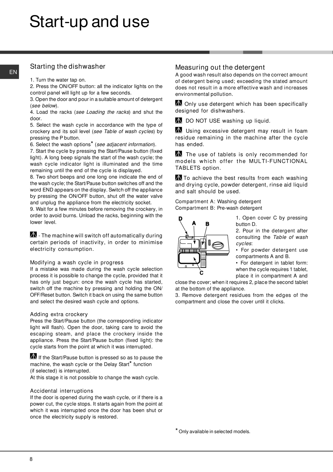 Hotpoint SDUD 1200 manual Start-up and use, Starting the dishwasher, Measuring out the detergent, Adding extra crockery 