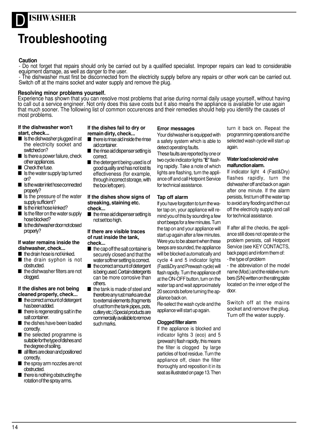 Hotpoint SDW 60 manual Troubleshooting, Resolving minor problems yourself 