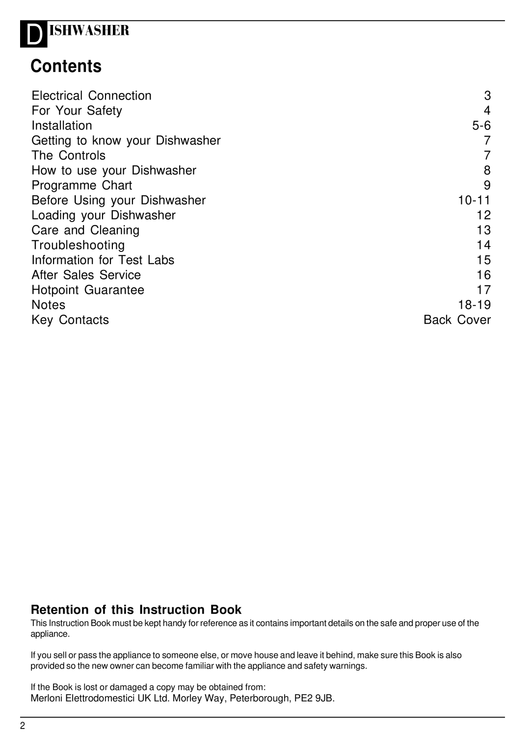 Hotpoint SDW 60 manual Contents 