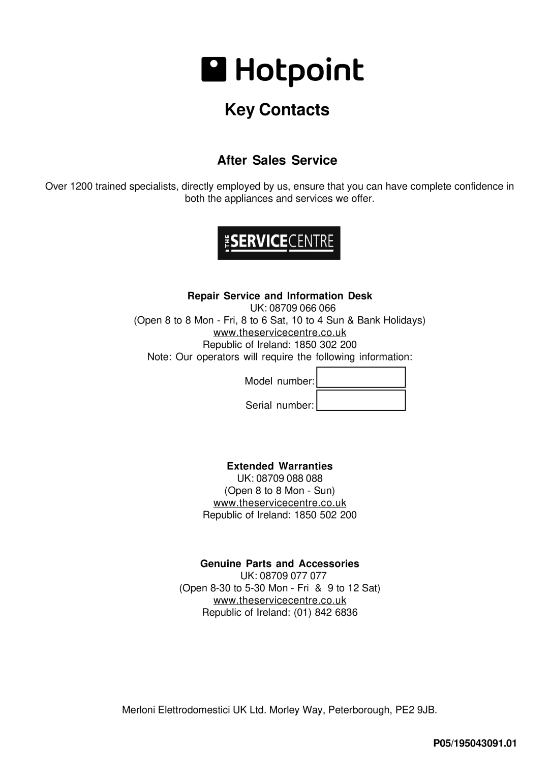 Hotpoint SDW 60 manual Repair Service and Information Desk, Genuine Parts and Accessories, P05/195043091.01 