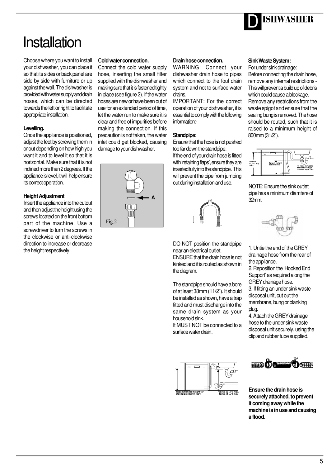 Hotpoint SDW 60 manual Levelling, Standpipe, Height Adjustment 