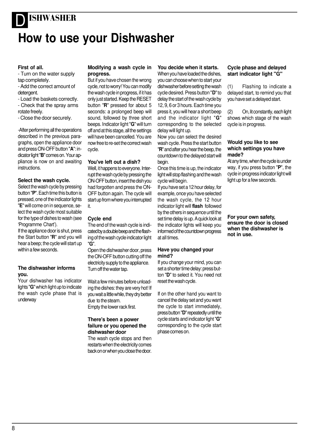 Hotpoint SDW 60 manual How to use your Dishwasher 