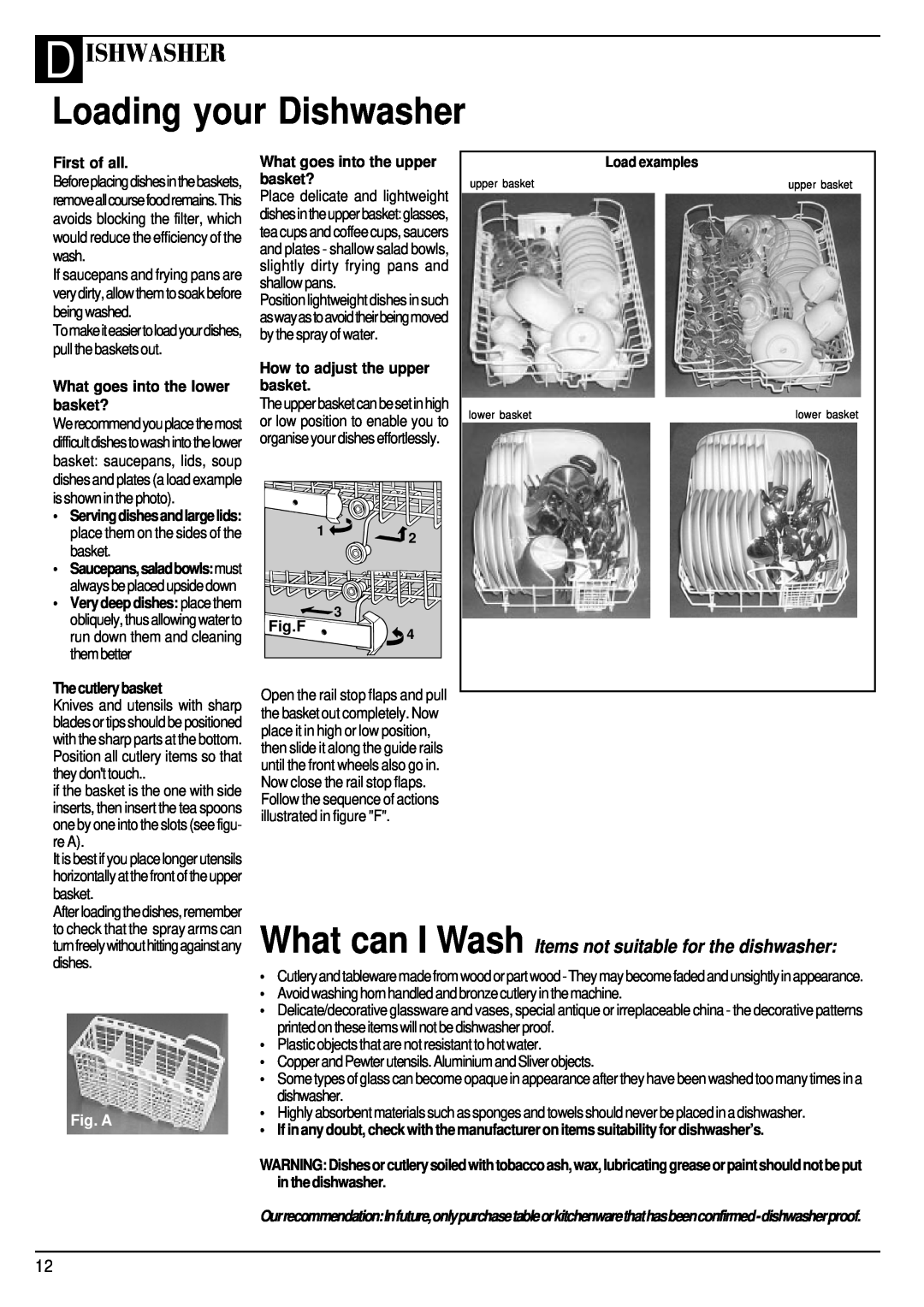 Hotpoint SDW 60 Loading your Dishwasher, D Ishwasher, What can I Wash Items not suitable for the dishwasher, First of all 
