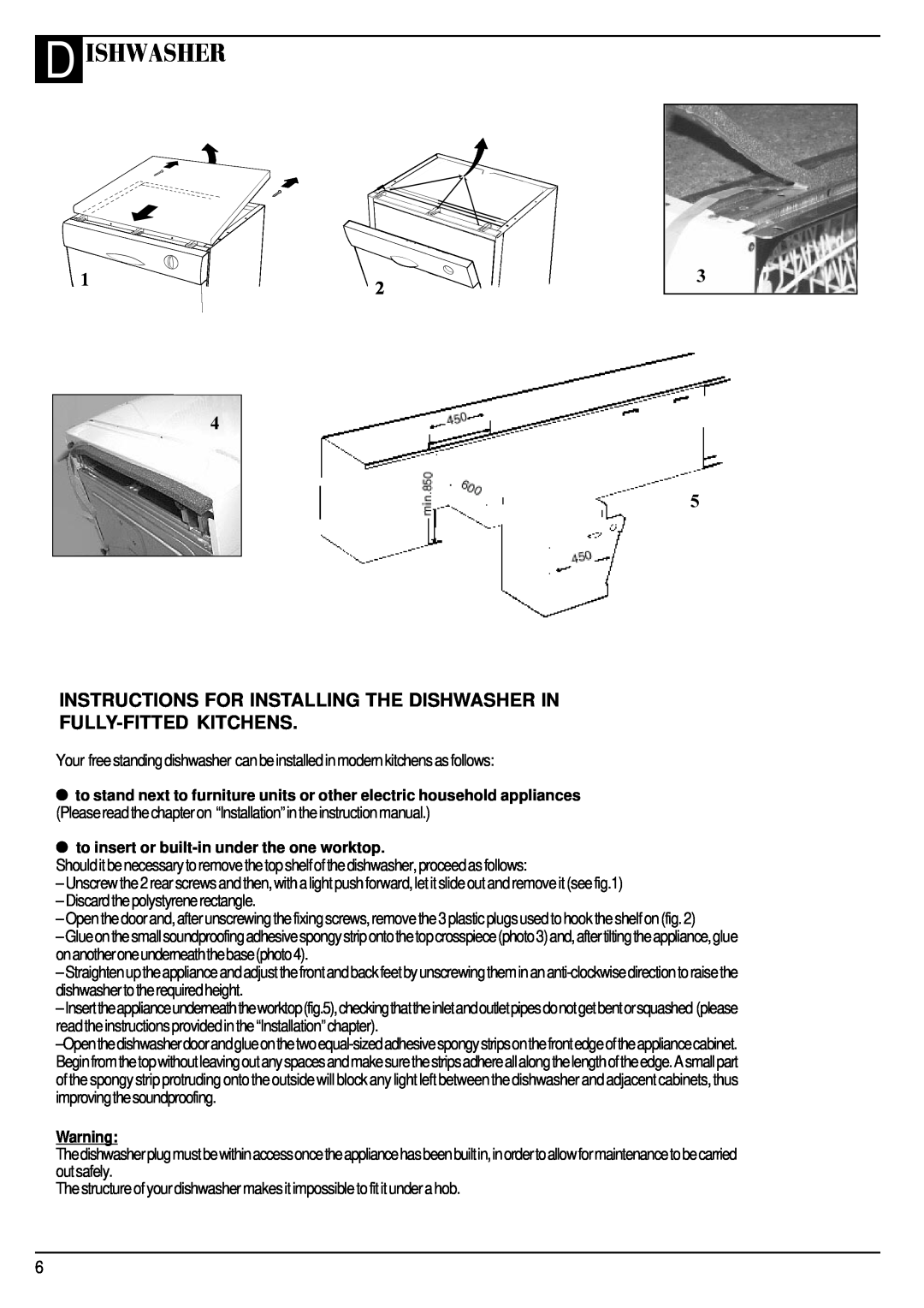 Hotpoint SDW 60 manual D Ishwasher, Instructions For Installing The Dishwasher In Fully-Fitted Kitchens 