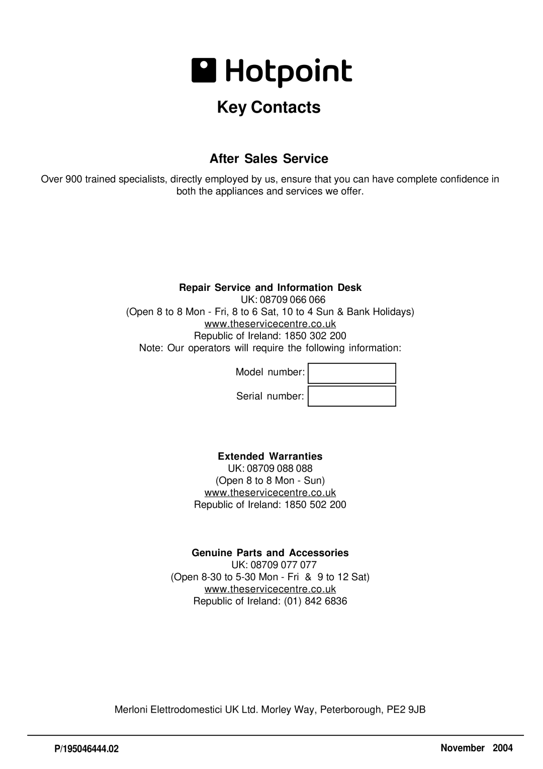 Hotpoint SDW80, SDW85 manual Repair Service and Information Desk, Genuine Parts and Accessories, 195046444.02, November 