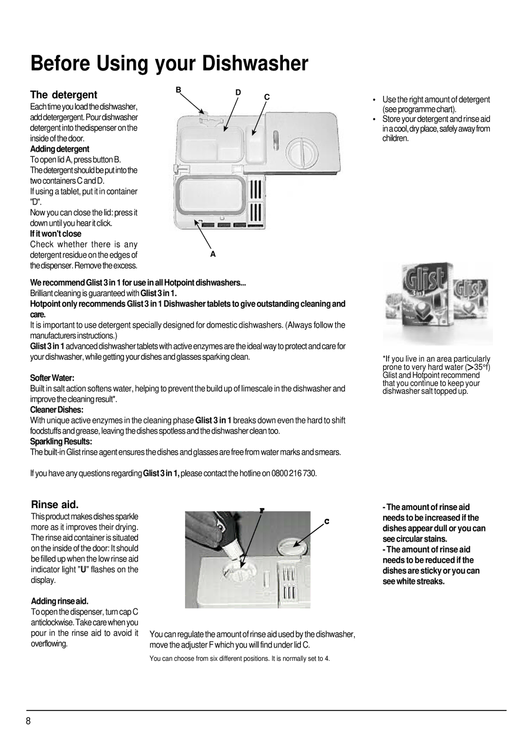 Hotpoint SDW80, SDW85 manual Before Using your Dishwasher 