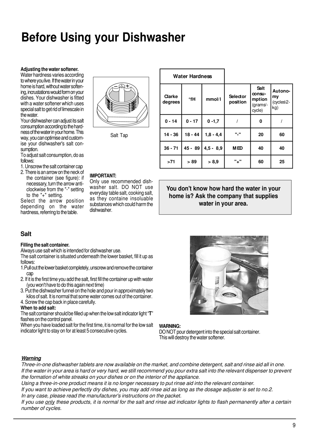 Hotpoint SDW85 manual To the + setting, Screw the cap back in place carefully, Filling the salt container, When to add salt 