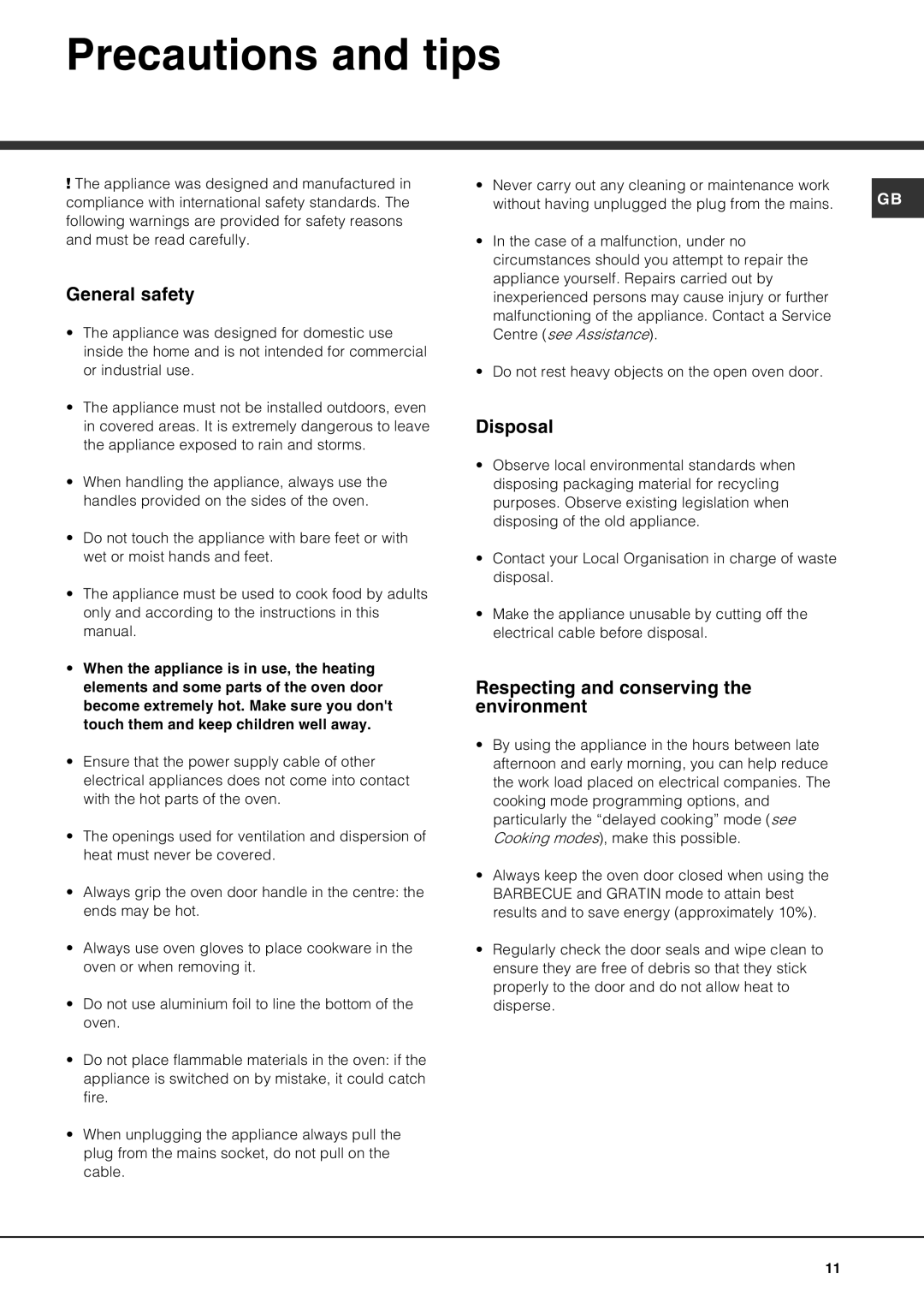 Hotpoint SE1002X manual Precautions and tips, General safety, Disposal, Respecting and conserving the environment 