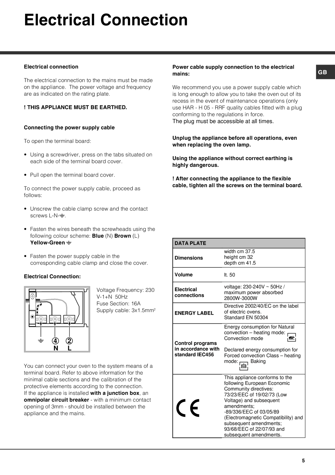 Hotpoint SE1002X manual Electrical Connection, This Appliance Must be Earthed 