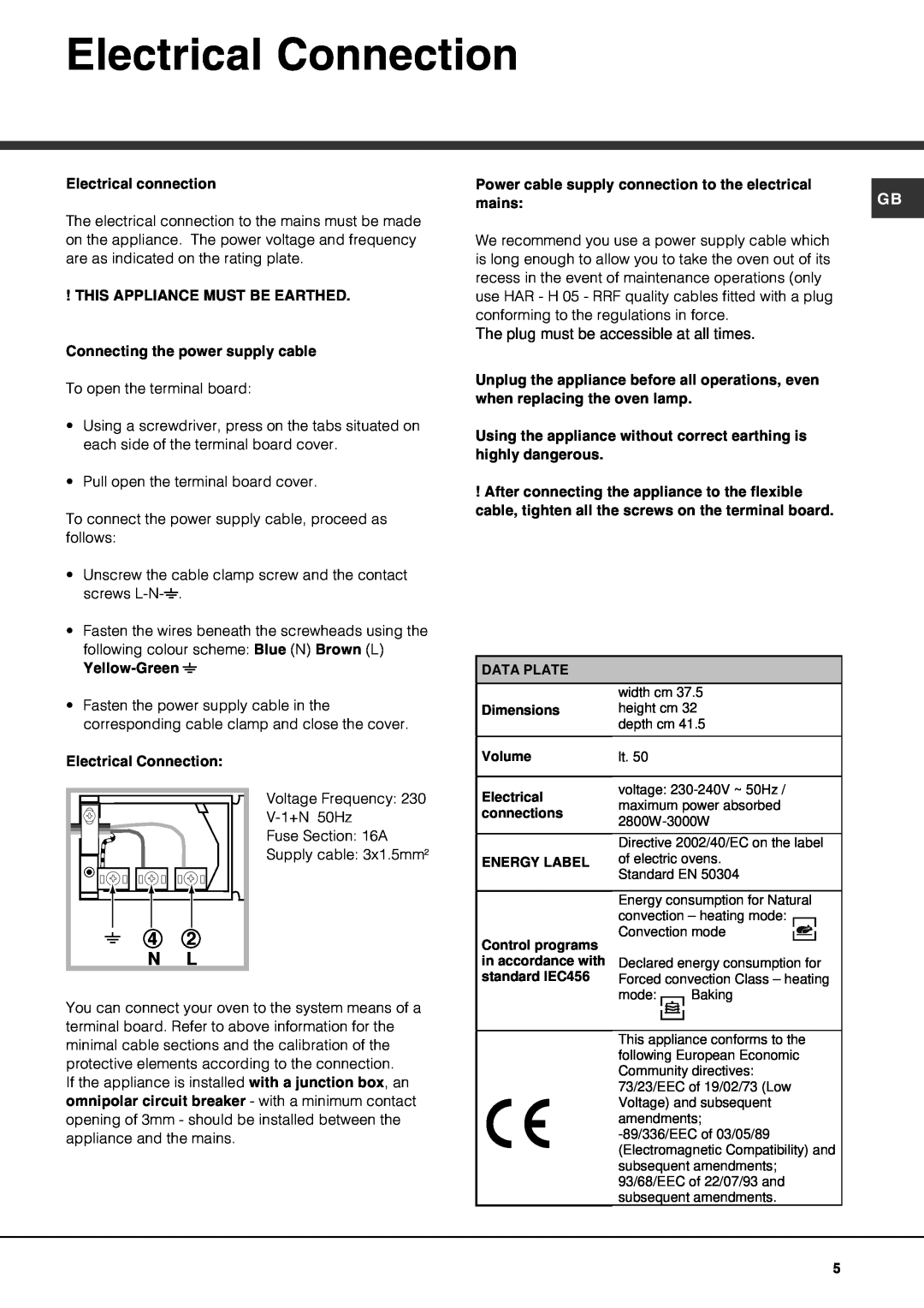 Hotpoint SE1002X manual Electrical Connection, 4 2 N L 