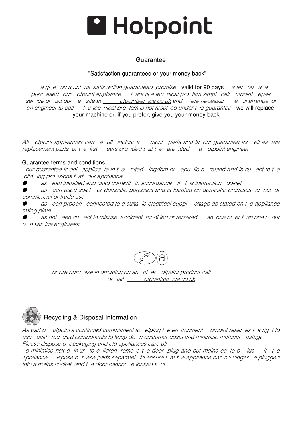 Hotpoint SE100PX manual Guarantee, Recycling & Disposal Information 